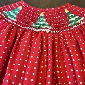 New This & That Smocked Christmas Trees Red Polka Dotted Dress